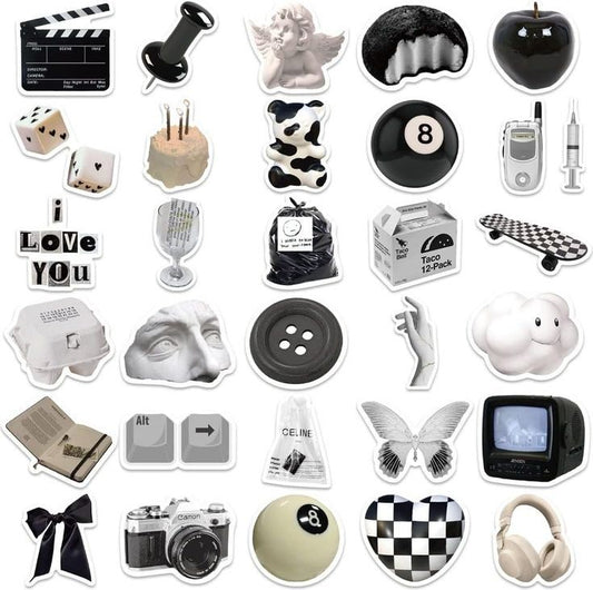 Black and White Aesthetic Stickers Pack, Vintage Grunge Theme, Classic Cameras, Statues, Butterflies, and Waterproof Vinyl Decals for Water Bottles, Laptops, and Journaling