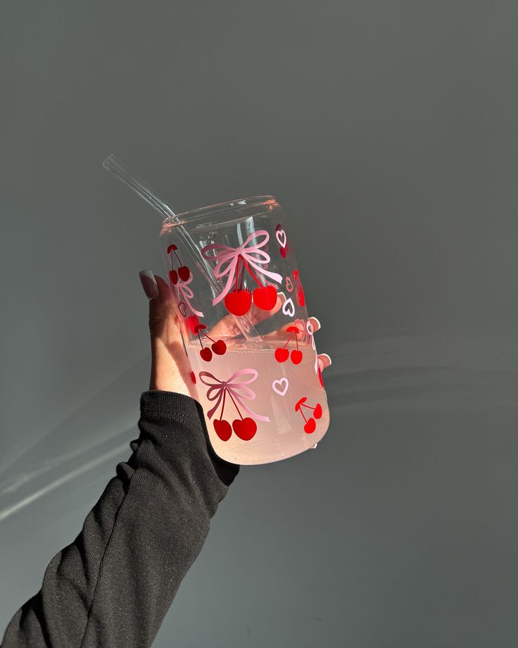 Mug with Wooden Lid and Clear Glass Straw: Practical for Juices and Ice Coffee Bright red cherries with tiny pink ribbons and scattered hearts