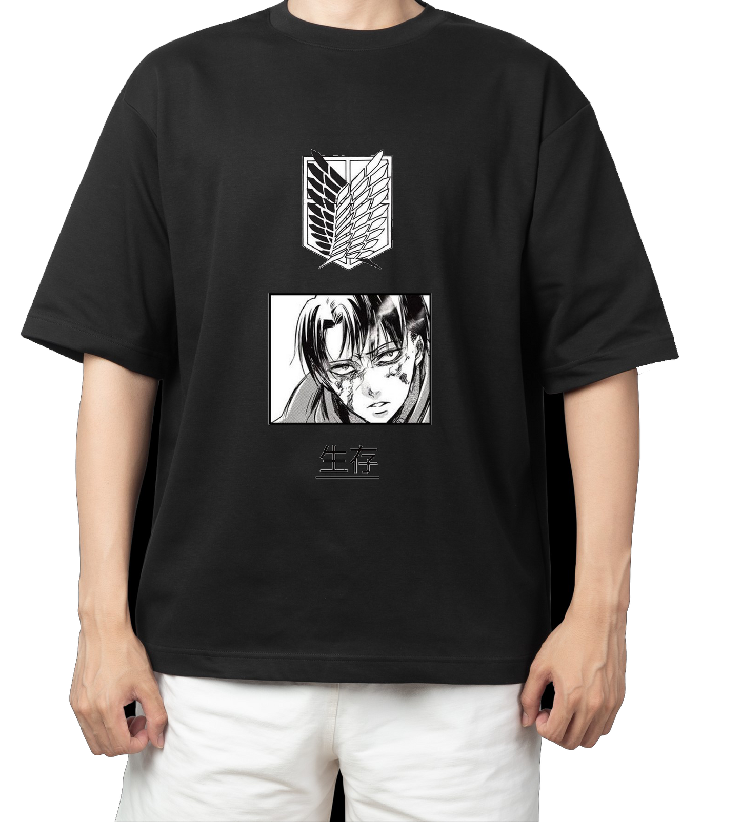 Anime Attack on titan shingeki no kyojin eren levi mikasa Aot black Oversize  t- shirt 35