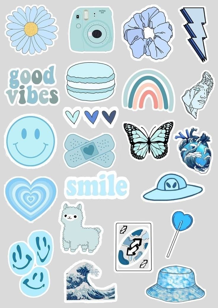 Blue Aesthetic Stickers Pack, Cute Smiley Face, Butterfly, Good Vibes, Wave, and Waterproof Vinyl Decals for Water Bottles, Laptops, and Journaling