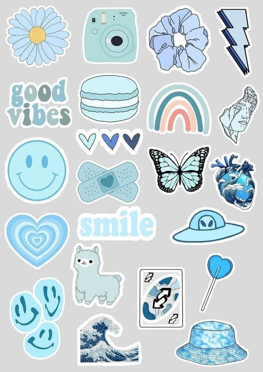 Blue Aesthetic Stickers Pack, Cute Smiley Face, Butterfly, Good Vibes, Wave, and Waterproof Vinyl Decals for Water Bottles, Laptops, and Journaling