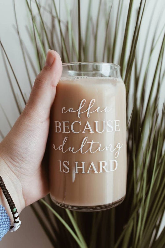 Mug with Wooden Lid and Clear Glass Straw: Practical for Juices and Ice Coffee coffee BECAUSE adulting IS HARD