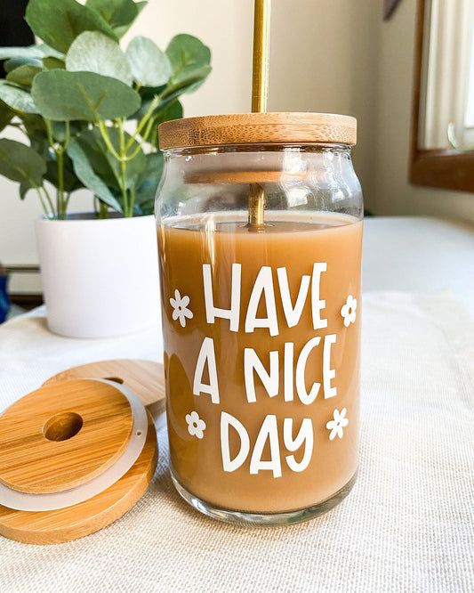 Mug with Wooden Lid and Clear Glass Straw: Practical for Juices and Ice Coffee HAVE A NICE DAY