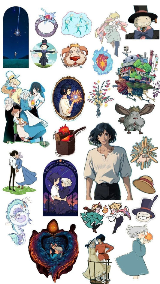 Howl's Moving Castle Stickers Pack, Cute Studio Ghibli Anime Howl, Sophie, Calcifer, and Waterproof Vinyl Decals for Water Bottles, Laptops, and Journaling
