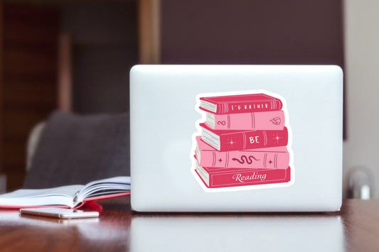 "I'd Rather Be Reading" Book Stack Laptop Sticker, Cute Pink Reading Vinyl Decal for Laptop, Kindle, Water Bottle, and Journal