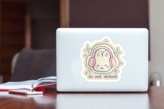 Cute Rabbit Do Not Disturb Laptop Sticker, Kawaii Grumpy Bunny with Headphones Vinyl Decal, Aesthetic Waterproof Sticker for Water Bottle, Journal, and Tablet