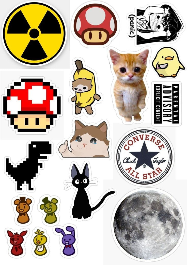 Funny Meme & Aesthetic Stickers Pack, Cute Cat, Mario Mushroom, FNAF, Converse, Moon, and Waterproof Vinyl Decals for Water Bottles, Laptops, and Journaling