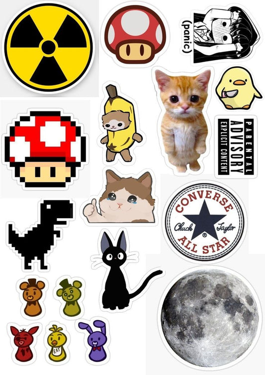 Funny Meme & Aesthetic Stickers Pack, Cute Cat, Mario Mushroom, FNAF, Converse, Moon, and Waterproof Vinyl Decals for Water Bottles, Laptops, and Journaling