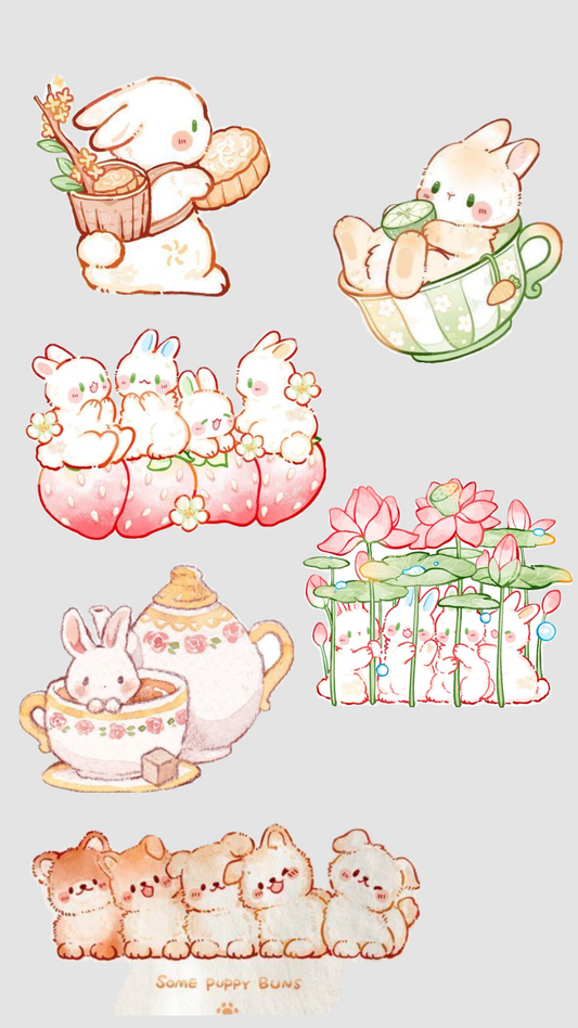 Cute Kawaii Bunny & Puppy Stickers Pack, Aesthetic Pastel Teacup Rabbits and Sweet Dogs Waterproof Vinyl Decals for Water Bottles, Laptops, Journal, Scrapbooking, and Crafts
