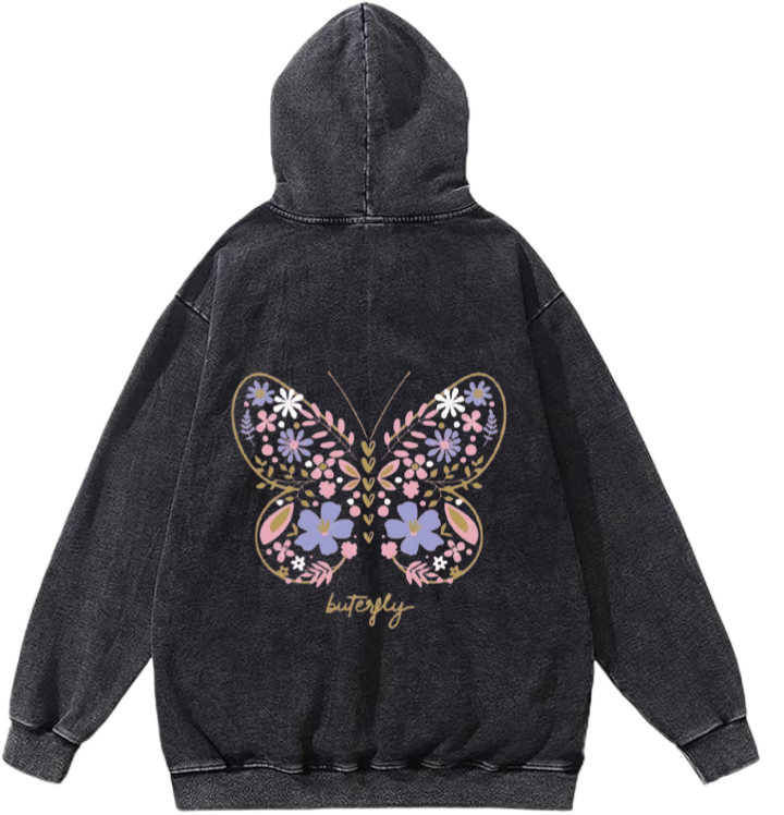 butterflies Oversize Hoodie Washed gray Back  3
