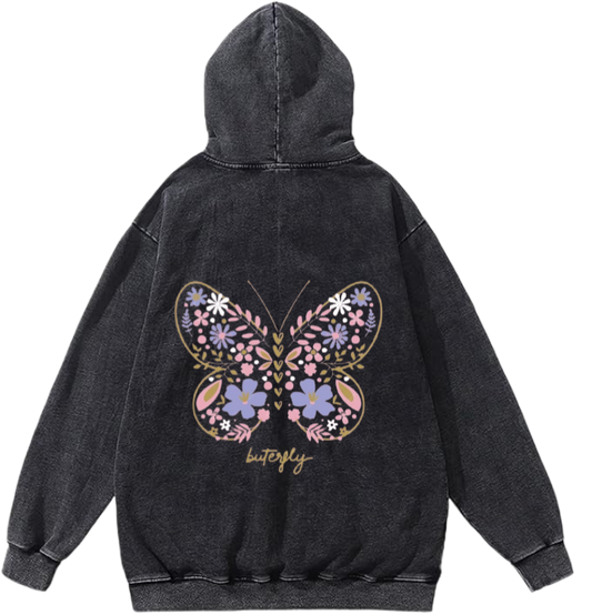 butterflies Oversize Hoodie Washed gray Back  3