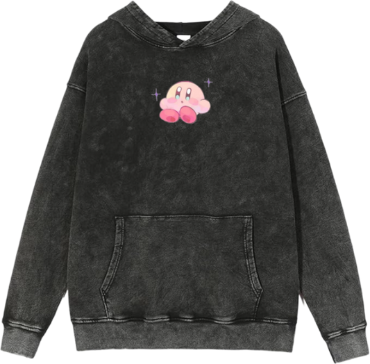 Cute Pink Anime Kirby Character Graphic Vintage Washed Hoodie for Women and Men, Kawaii Cartoon Dark Grey Pullover Sweatshirt 3