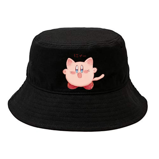 Cute Anime Kirby Bucket Hat, Kawaii Pink Character Black Sun Fisherman Cap, Y2K Streetwear Summer Beach Hat for Women and Men 3
