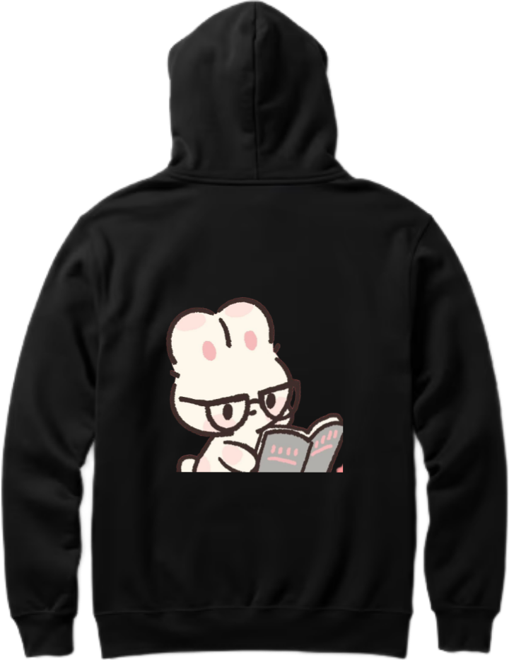 rabbit wearing glasses and reading a book One Size hoodie Black Back 3