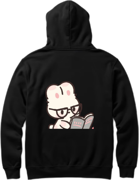 rabbit wearing glasses and reading a book One Size hoodie Black Back 3