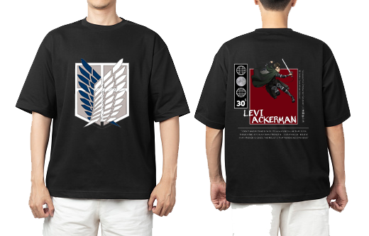 Anime Attack on titan shingeki no kyojin eren levi mikasa Aot black Oversize  t- shirt  back 3