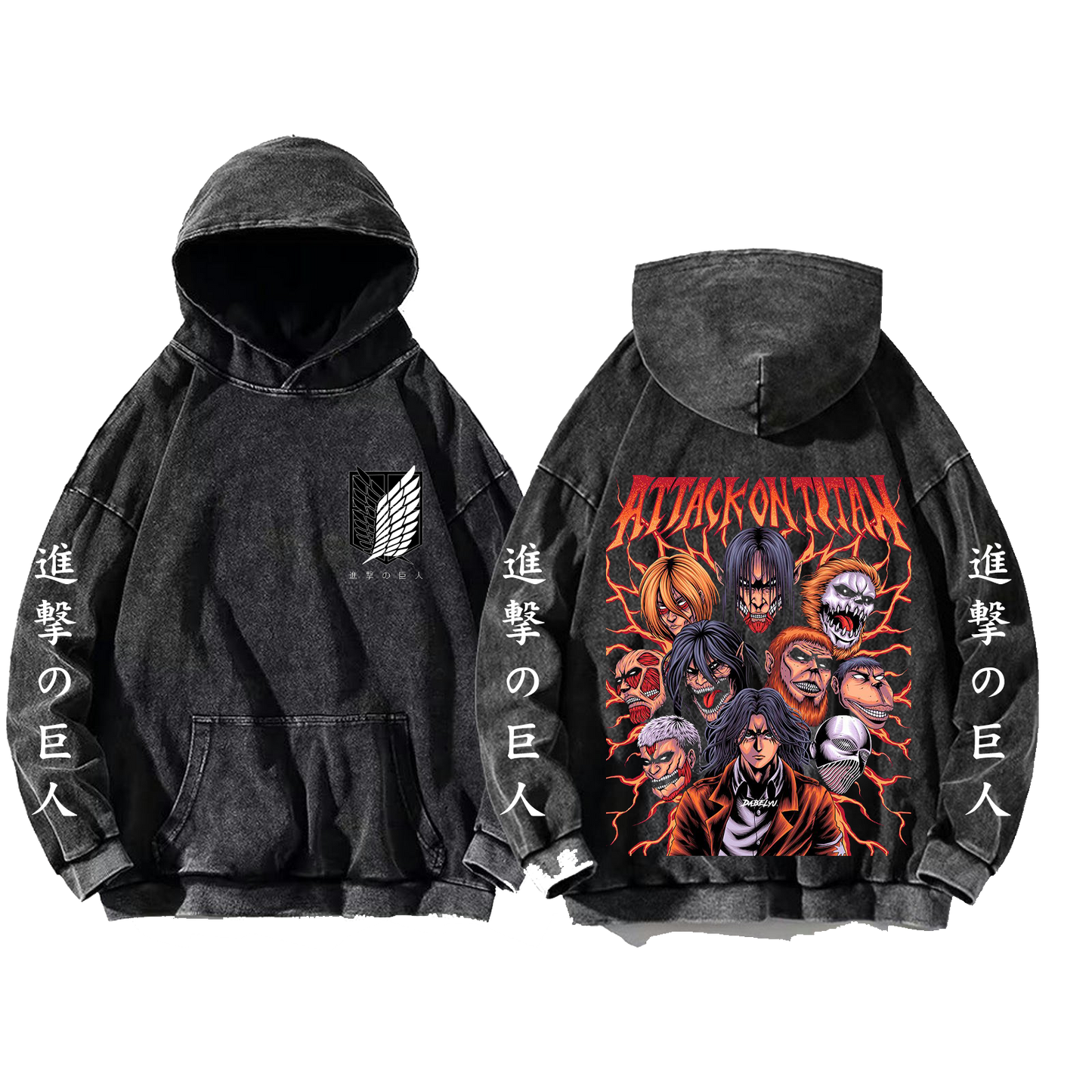 Anime Attack on titan shingeki no kyojin eren levi mikasa Aot Oversize Wash Hoodie gray 40
