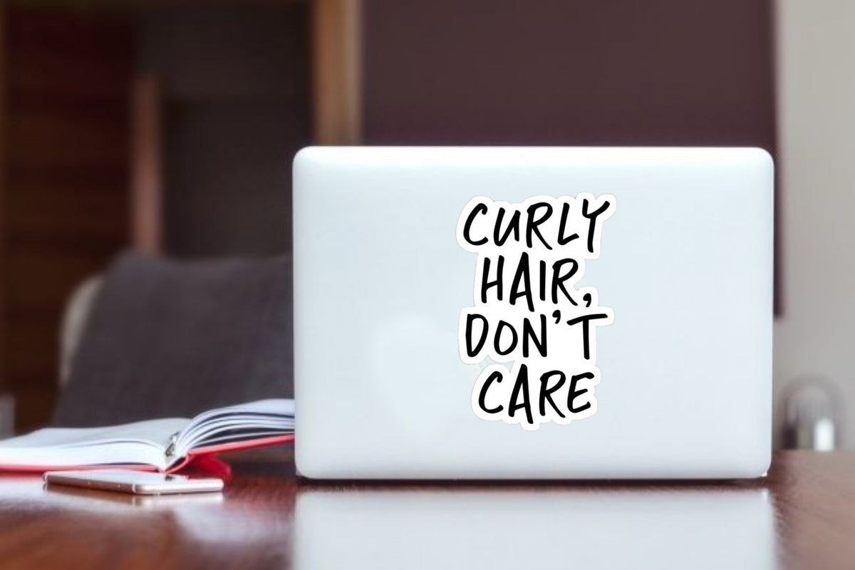 Curly Hair, Don't Care" Funny Quote Aesthetic Sticker, Cute Trendy Typography Decal for Laptop, Water Bottles, Journaling, Scrapbooking, and Planners
