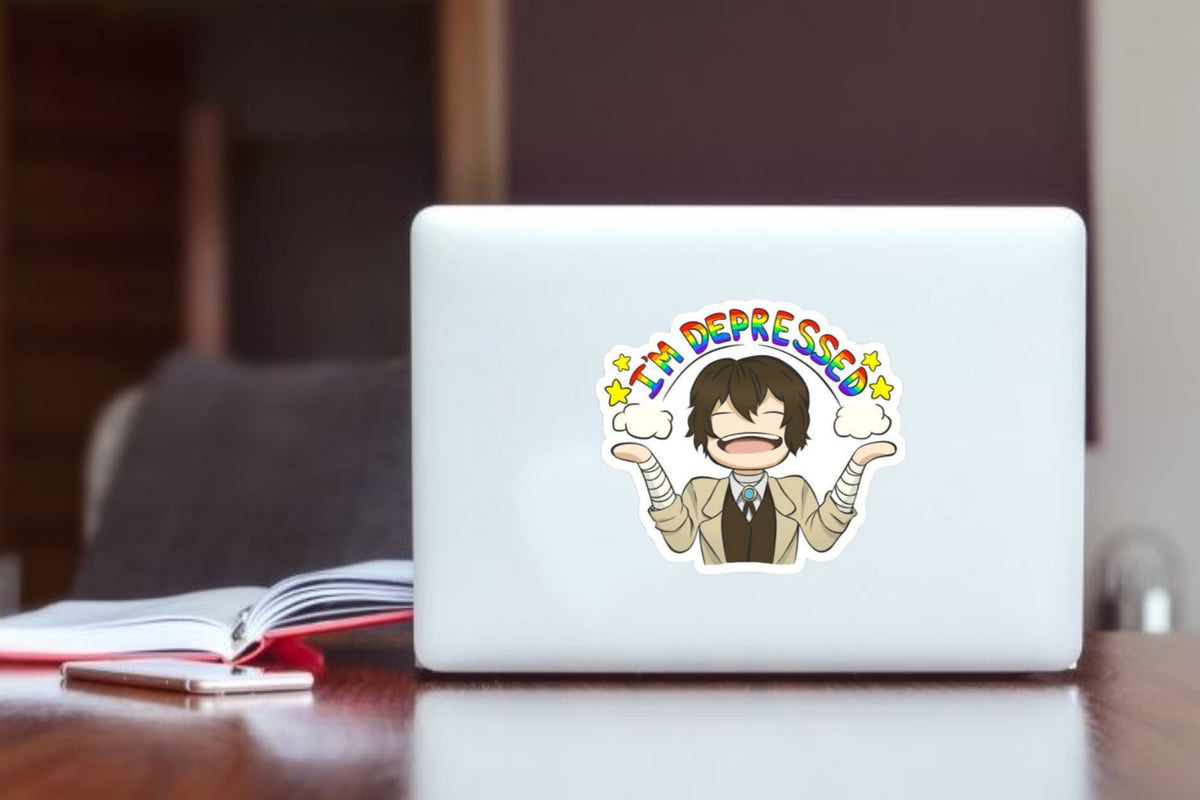 "I'm Depressed" Anime Character Laptop Sticker, Funny Manga Vinyl Decal for Laptop, Water Bottle, Journal, and Tablet