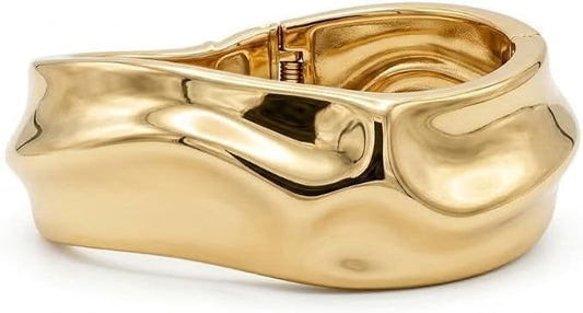 Chunky Gold Cuff Bangle Bracelet with Irregular Wavy Fluid Design, High Polish Statement Metal Bracelet for Women