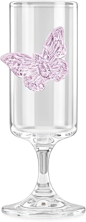 Pink Butterfly Glass Cup, 3D Butterfly Stem Glass, Clear Glassware with Pink Butterfly Charm for Cocktail, Juice, Party, and Aesthetic Home Bar Decor