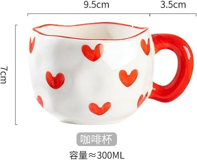 Cute Red Heart Ceramic Mug, Aesthetic Kawaii Coffee Cup with Red Handle, Unique Irregular Shape Tea Milk Mug for Women Girls, Valentine's Day Gift