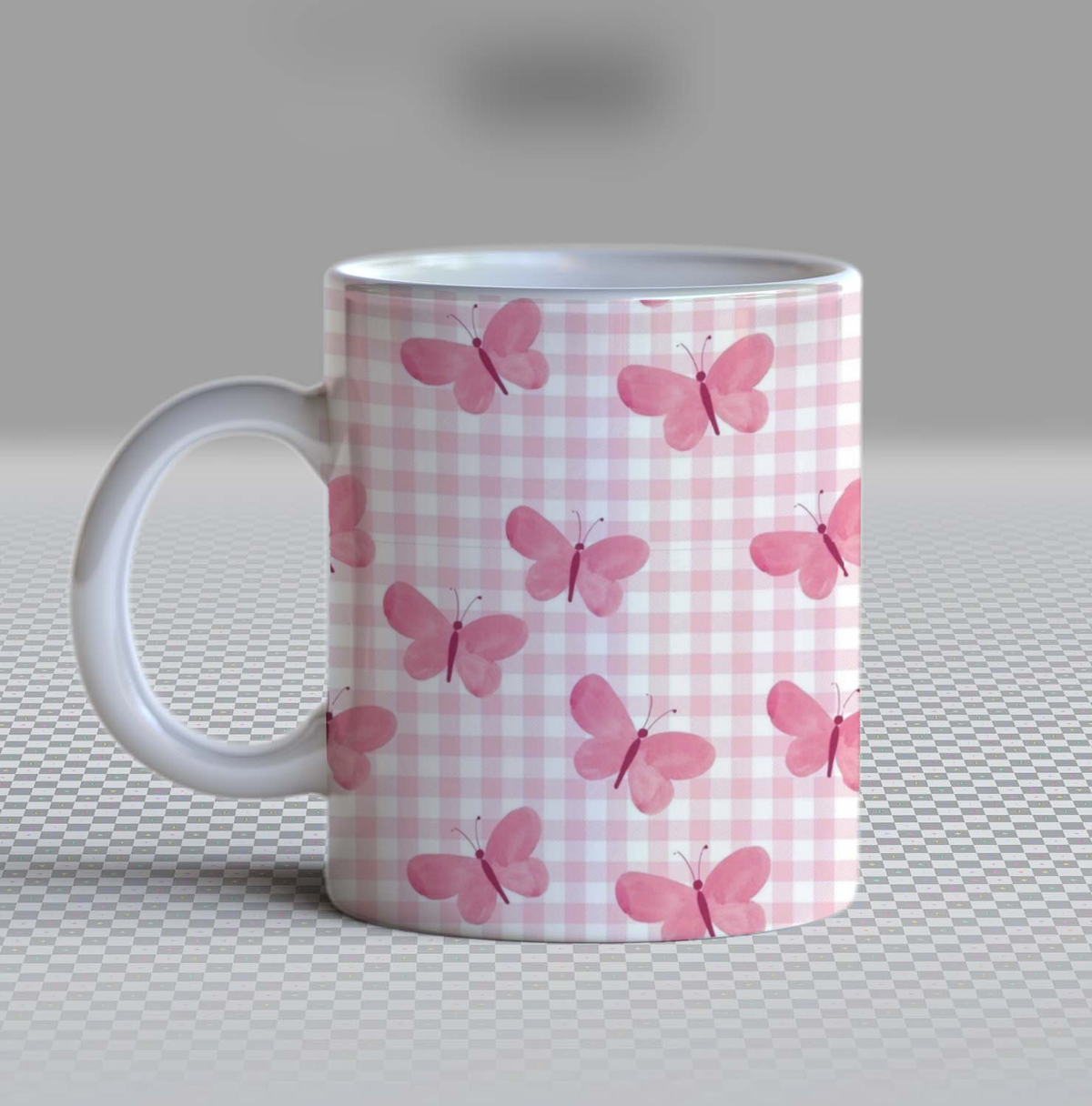 Cute Pink Butterfly Gingham Ceramic Coffee Mug – 11oz Aesthetic Plaid Checkered Tea Cup, Watercolor Butterfly Pattern Mug for Coffee Lovers, Lovely Birthday Gift for Women, Girls & Teens