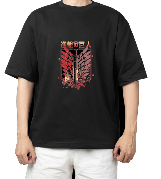 Anime Attack on titan shingeki no kyojin eren levi mikasa Aot black Oversize  t- shirt 42