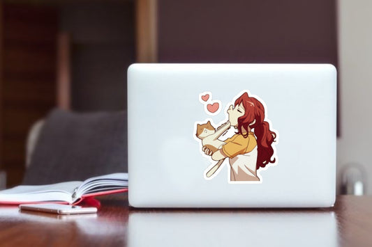 "Cat Lover" Anime Girl Laptop Sticker, Cute Cat Hug Vinyl Decal for Laptop, Water Bottle, Journal, and Tablet