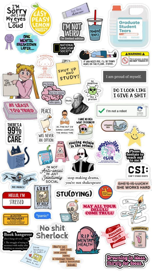 Funny Student & Relatable Meme Stickers Pack, Sarcastic Quotes, Study Humor, Aesthetic Waterproof Vinyl Decals for Water Bottles, Laptops, and Journaling