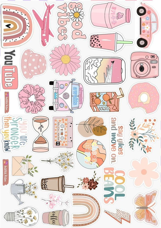 Pink Preppy Aesthetic Stickers Pack, Cute Travel, Camera, Boba, Rainbow, and Waterproof Vinyl Decals for Water Bottles, Laptops, Phone, Journal, and Scrapbooking