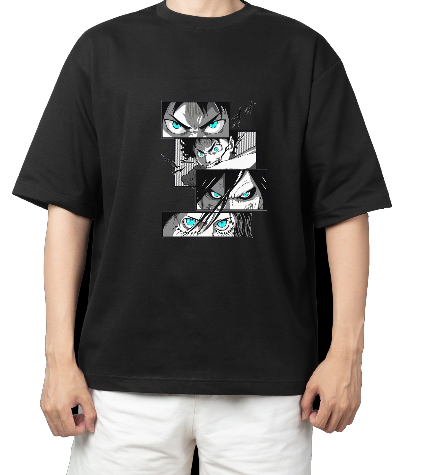 Anime Attack on titan shingeki no kyojin eren levi mikasa Aot black Oversize  t- shirt 44