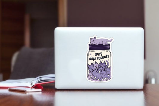 Anti-Depressants" Cute Cats Jar Sticker, Aesthetic Purple Kitty Vinyl Decal, Waterproof Laptop Sticker for Water Bottles, Journals, Cat Lover Mental Health Gift