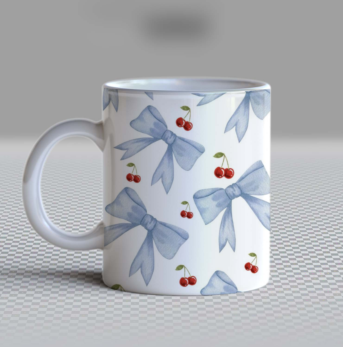 Cute Blue Bow and Cherry Ceramic Coffee Mug – 11oz Aesthetic Coquette Ribbon Tea Cup, Watercolor Cherry Pattern Mug for Coffee Lovers, Lovely Birthday Gift for Women, Girls & Teens