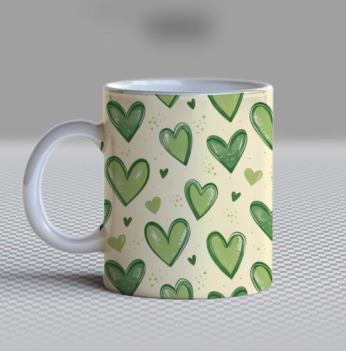 Cute Sage Green Heart Ceramic Coffee Mug – 11oz Aesthetic Hand-Drawn Hearts Tea Cup, Warm Cream Matcha Pattern Mug for Coffee Lovers, Lovely Birthday Gift for Women, Girls & Teens