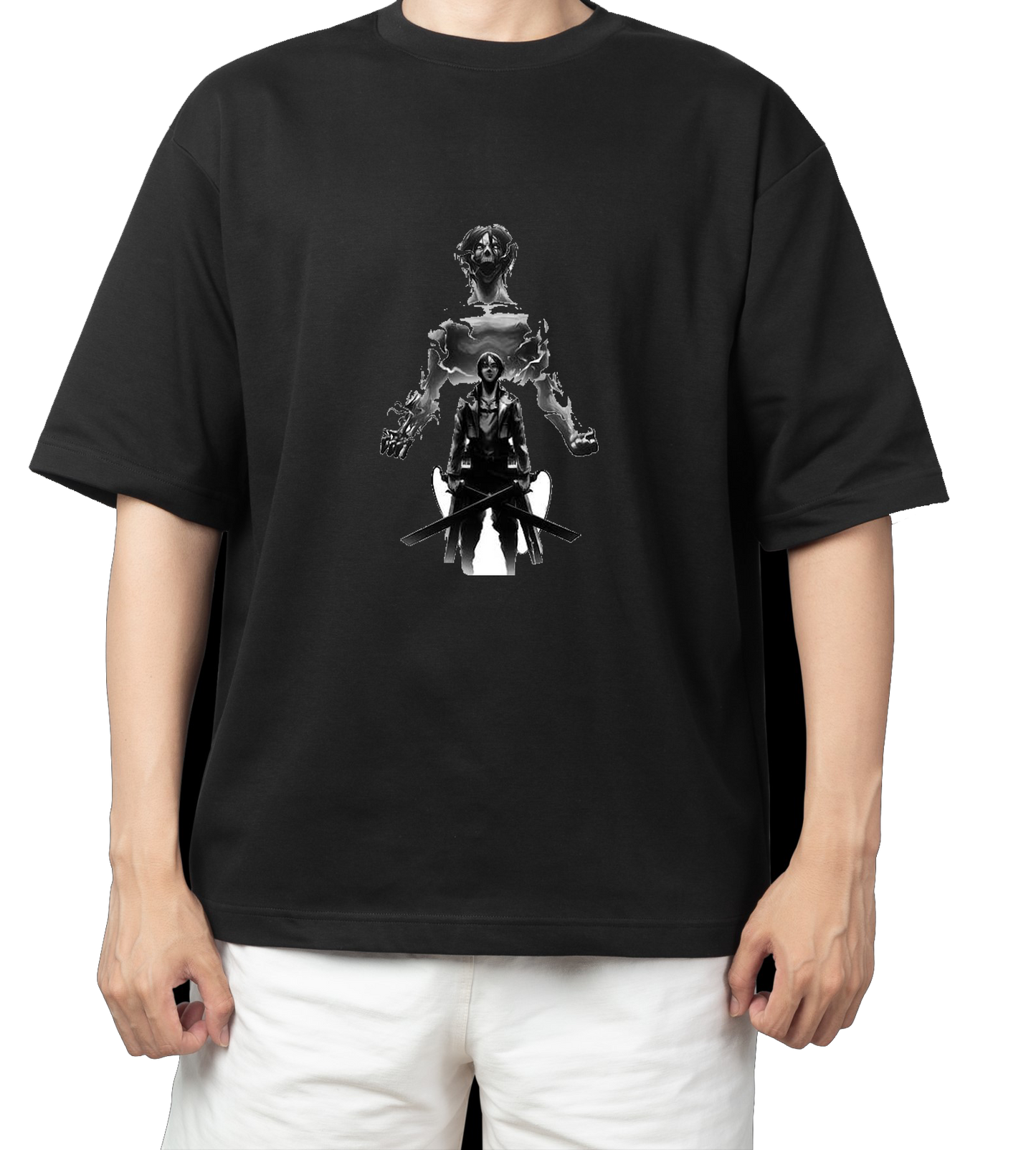 Anime Attack on titan shingeki no kyojin eren levi mikasa Aot black Oversize  t- shirt 45