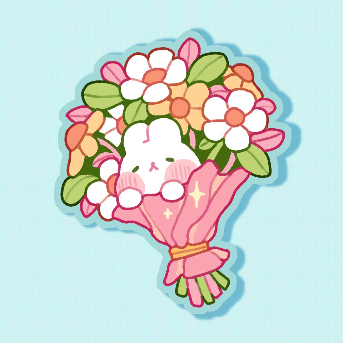 Cute Bunny Flower Bouquet Aesthetic Sticker - Kawaii Rabbit in Floral Art Vinyl Decal for Laptop, Water Bottle, Journal, and Phone Case