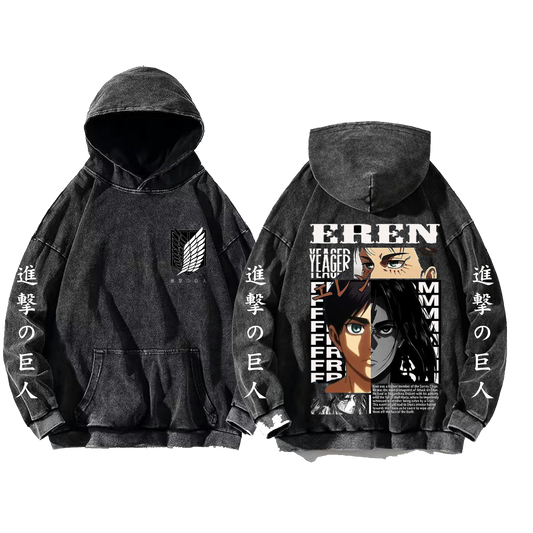 Anime Attack on titan shingeki no kyojin eren levi mikasa Aot Oversize Wash Hoodie gray 46
