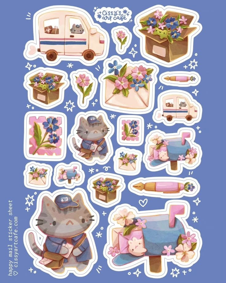 Happy Mail Cat Stickers Pack, Cute Postman Kitty, Floral Mailbox, Letters, and Waterproof Vinyl Decals for Water Bottles, Laptops, and Journaling