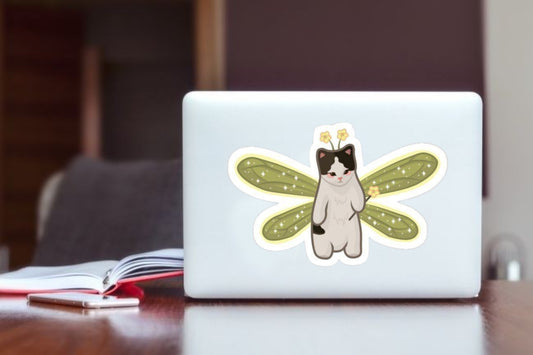 Cute Kawaii Fairy Cat Sticker, Aesthetic Green Wings Kitty Vinyl Decal, Waterproof Laptop Sticker for Water Bottles, Journals, Cat Lover Magic Gift