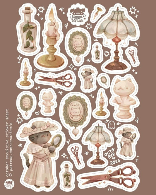 Vintage Dark Academia Cat Stickers Pack, Classic Victorian Kitty, Antique Lamp, Candle, and Waterproof Vinyl Decals for Water Bottles, Laptops, and Journaling