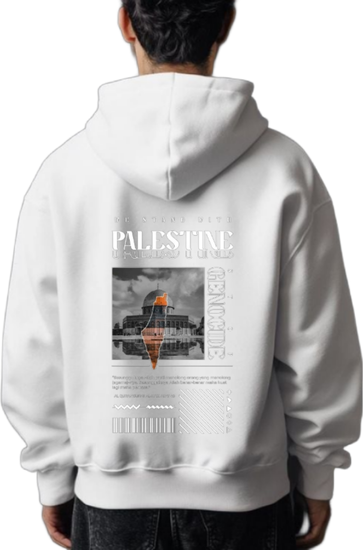 WE STAND WITH PALESTINE Back text oversize hoodie White back 49