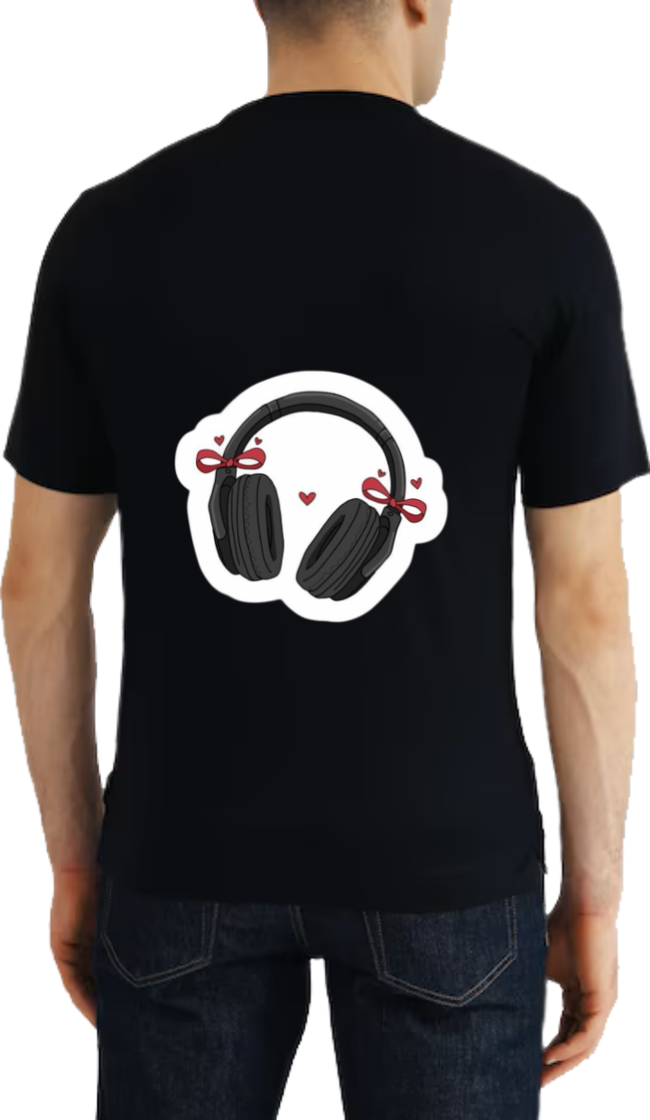 Headphones decorated with red hearts t- shirt One Size Black back 4