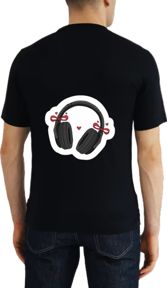 Headphones decorated with red hearts t- shirt One Size Black back 4