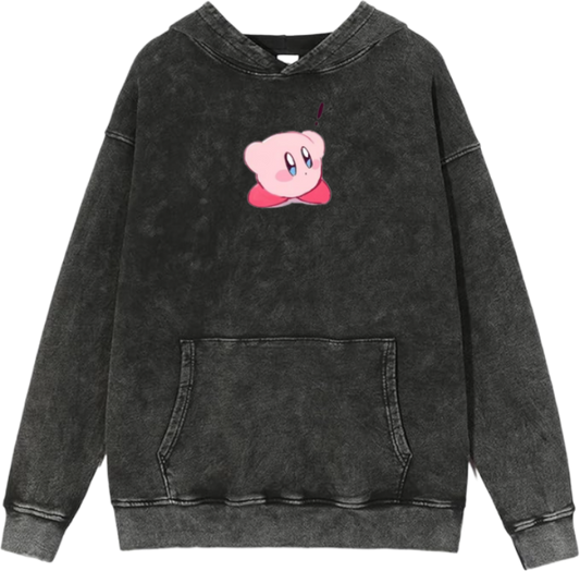 Cute Pink Anime Kirby Character Graphic Vintage Washed Hoodie for Women and Men, Kawaii Cartoon Dark Grey Pullover Sweatshirt 4