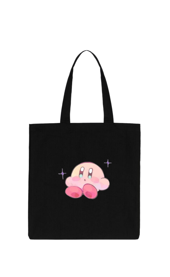 Kawaii Cute Kirby Black Canvas Tote Bag, Aesthetic Anime Character Reusable Shopping Bag, Large Grocery Bag, Book Tote for Women and Girls 4