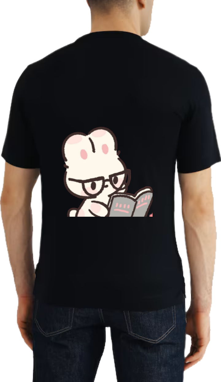 cartoon rabbit wearing glasses and reading a book t- shirt One Size Black back 4