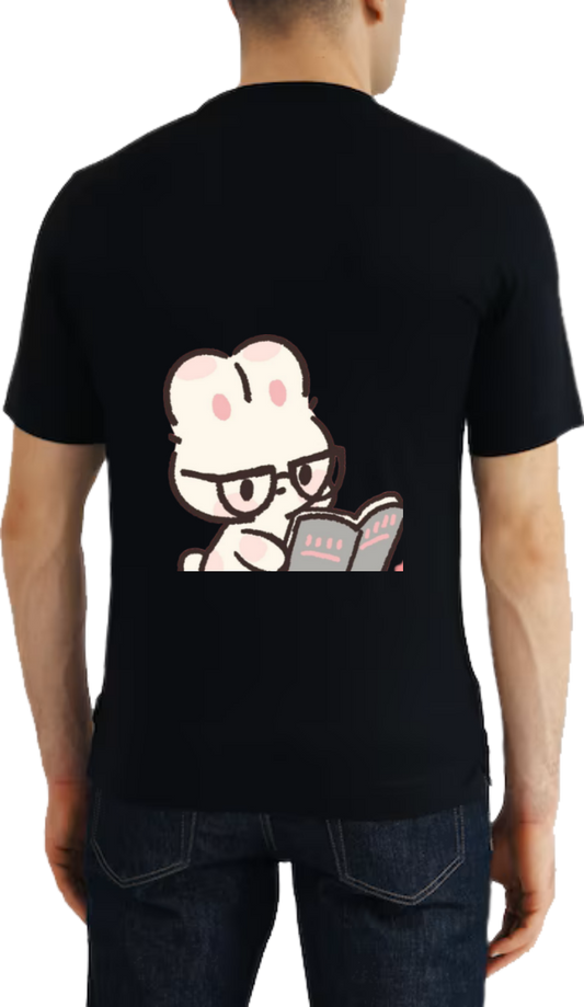 cartoon rabbit wearing glasses and reading a book t- shirt One Size Black back 4