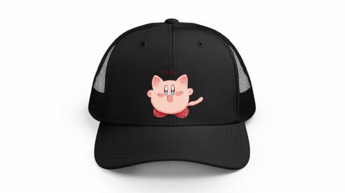 Kawaii Kirby Crown Pink Character Mesh Trucker Hat, Cute Anime Princess/King Black Baseball Cap, Adjustable Snapback for Women and Teens 4