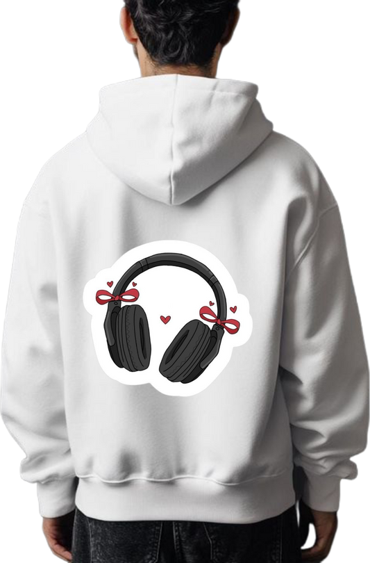 Black headphones adorned with red bows One Size hoodie White Back 4